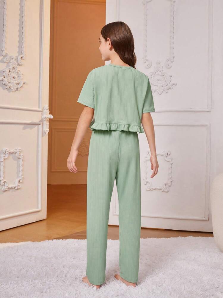 Tween Girls' Simple Green Loose Fit Short Sleeve Top With Button Detailing And Pants Set For Casual & Home Wear