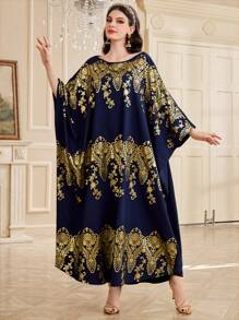 Al Najma 女士金箔印花花卉图案长袍，优雅晚会礼服 - 寶藍色 - 查看 3