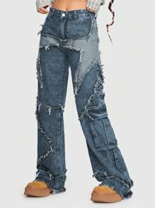 ROMWE Grunge Punk Vintage Style Star Patchwork High Waist Loose Straight Leg Denim Jeans With Washed Effect And Pockets, School - Baby Blue - View 5