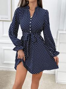 SHEIN Privé Polka Dot Ruffled Sleeve Belted Dress For Women