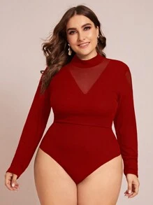 SHEIN Privé 大码女式网眼撞色长袖紧身衣 - 紅色 - 查看 3