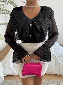 SHEIN Privé Women'S Black Shirt With V-Neckline, False Placket, Pleats, Diamond Button & Bell Sleeves - Black - View 3