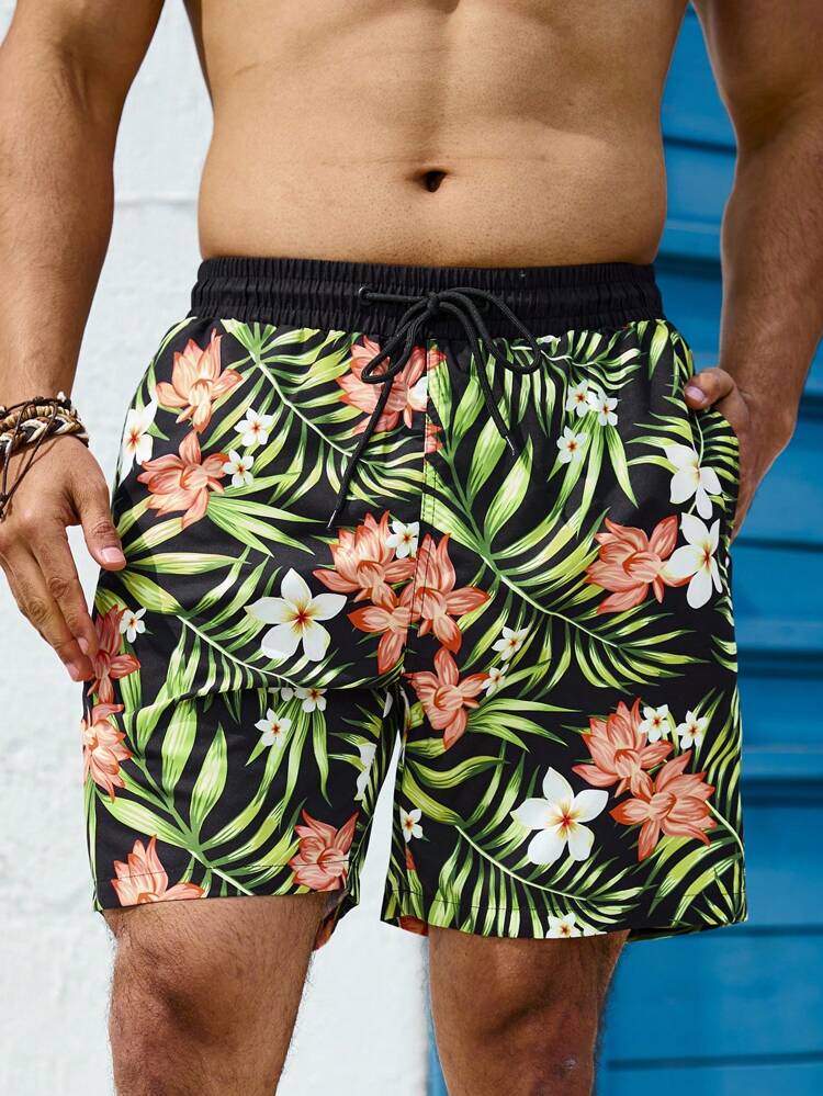 Men's Tropical Plant Print Beach Shorts