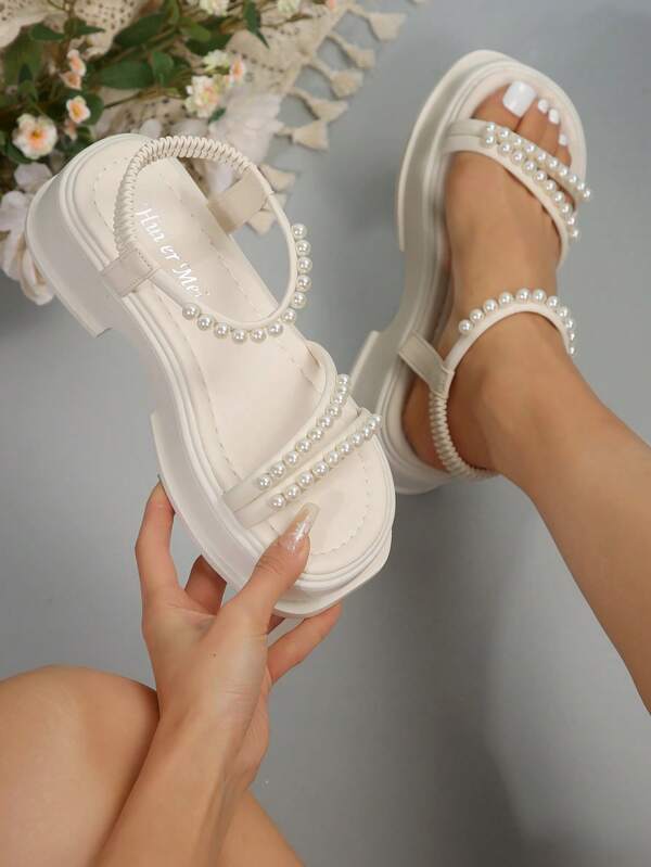 Women's Fashion Faux Pearl Decor Platform Sandals, Thick Sole Mid-Heel Roman Style Summer Shoes Valentines