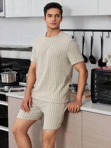 SHEIN Conjunto De Pijama De Camisa Y Pantalones Cortos De Manga Corta Informal Simple Para Hombre - Gris Claro - Ver 5