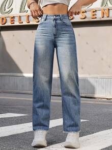 SHEIN EZwear Của phụ nữ Retro Giò thẳng Quần jean - Màu xanh lam - Xem 4