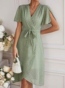 SHEIN Clasi Women's Solid Color V-Neck Split Sleeve Dress - Green - View 6