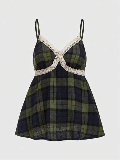 Fairycore Plaid Contrast Lace Trim Camisole Top, School