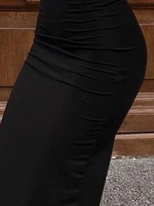 Women's Elegant Solid Color Ruched Fitted Dress - Black - View 4