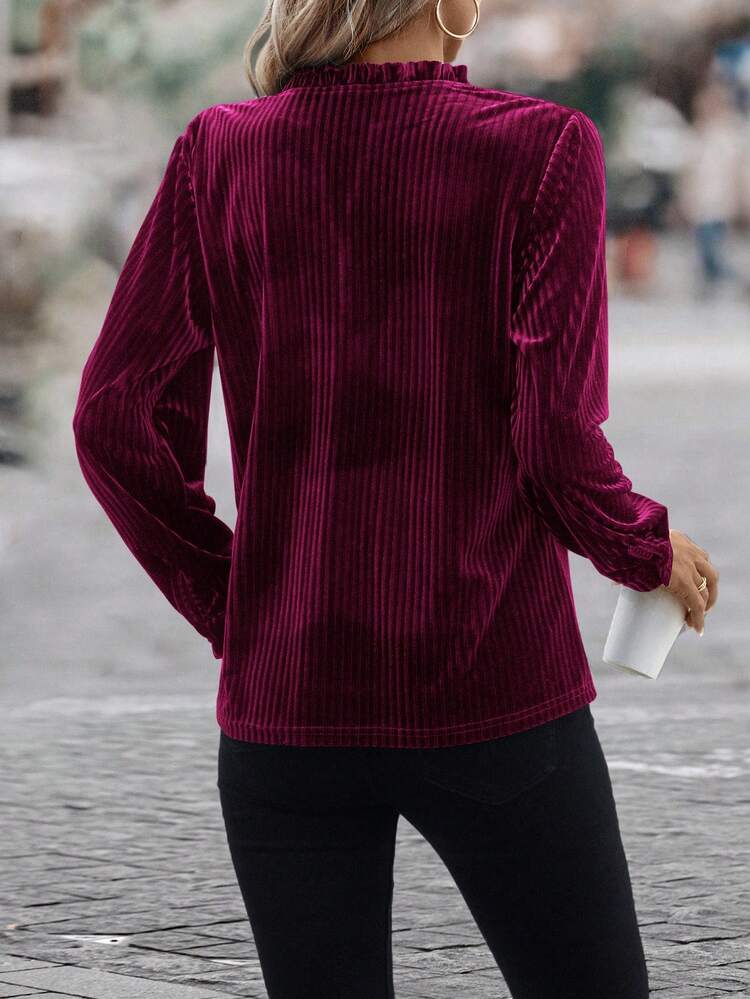 SHEIN Clasi 帶條紋紋理的鈕扣開衫絨面襯衫,開叉領和荷葉邊設計 - 中紫紅色 - 查看 2