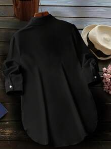 Fashion Women Side Slit Hem Fake Pocket Casual Shirt