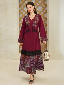 Al Najma 斋月V领流苏装饰喇叭袖连衣裙 - 中紫紅色 - 查看 1