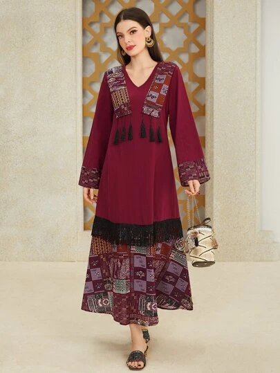 Al Najma 斋月V领流苏装饰喇叭袖连衣裙