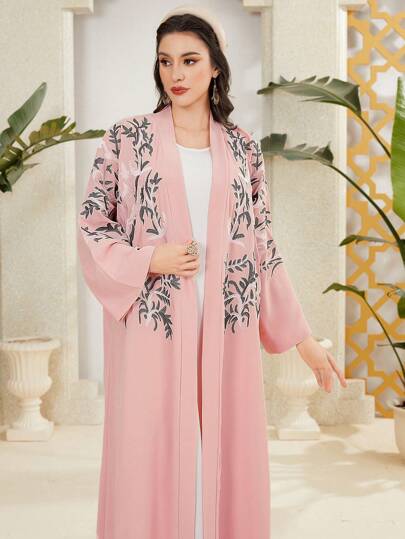 Al Najma Women's Embroidery Design Loose Front Open Maxi Length Abaya, Muslim Fashion Abaya For Casual/Festival/Gathering/Travel