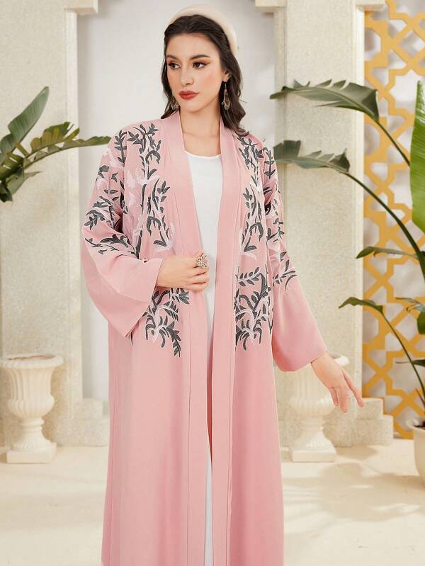 Al Najma Women's Embroidery Design Loose Front Open Maxi Length Abaya, Muslim Fashion Abaya For Casual/Festival/Gathering/Travel