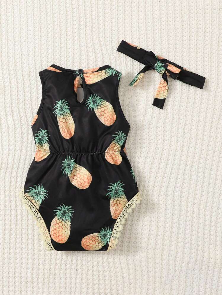 Baby Pineapple Print Guipure Lace Trim Bodysuit With Headband