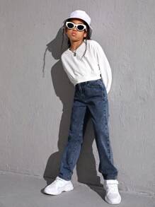 SHEIN Tween Girl'S Sun Face Print Denim Pants - Dark Wash - View 2