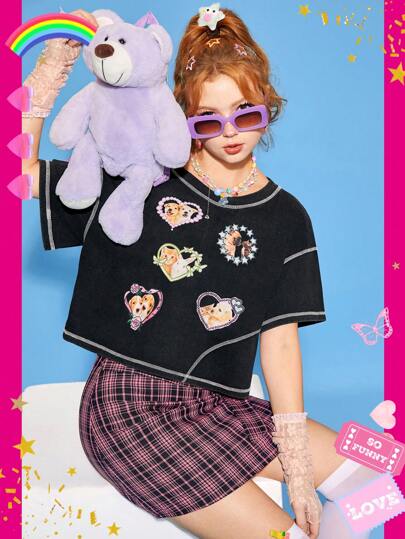 SHEINNeu Camiseta De Manga Corta Negra Con Patrón De Gato Y Perro Y Corazones Para Mujeres