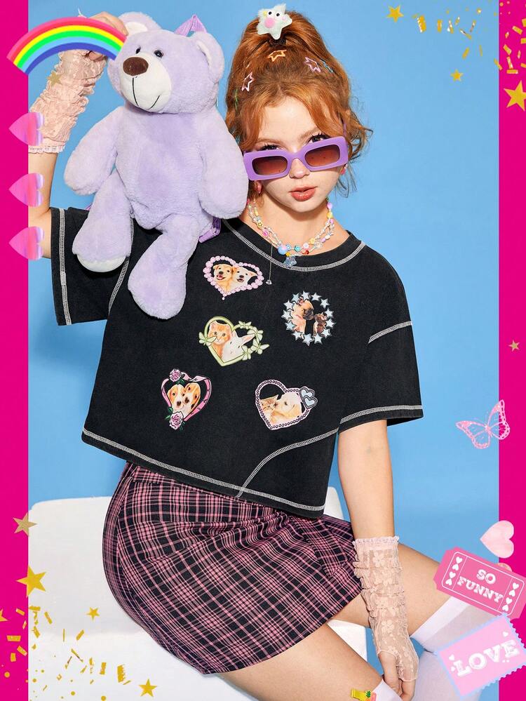 Women's Heart Print Dog & Cat Pattern Short Sleeve Black T-Shirt