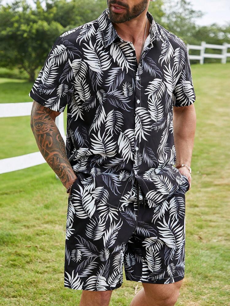 Men'S Plus Size Plant Printed Short Sleeve Shirt And Shorts 2pcs/Set