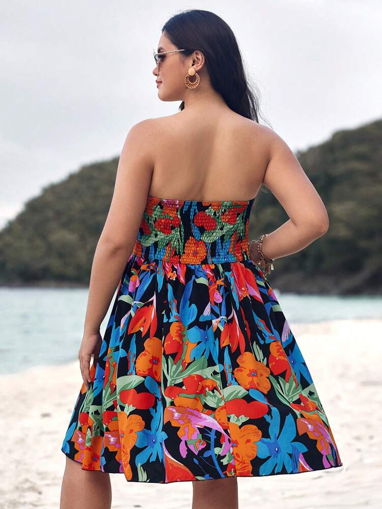 Floral Print Plus Size Strapless Dress