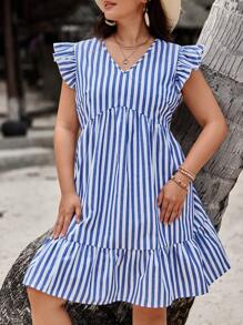 SHEIN VCAY Plus Size Striped Ruffle Trimmed Cruise Outfits Dress - Multicolor - View 3
