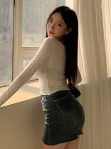 DAZY Của phụ nữ Vòng cổ Tay áo dài Áo Và Halter Neck Áo vest 2 cái/bộ - Đen và trắng - Xem 5