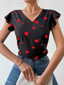 SHEIN Frenchy 女款拼布蕾絲心型印花襯衫 - 黑色 - 查看 3