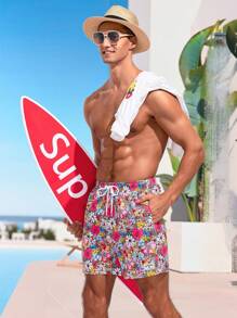 Surfspeed 男士全印花束腰沙灘短褲 - 玫紅色 - 查看 3