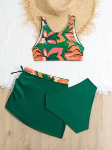 少女植物印花无袖比基尼套装夏季海滩 - 彩色 - 查看 2