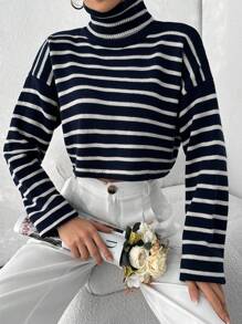 EURMUSE Women's Turtleneck Striped Cropped Sweater - Navy Blue - View 4
