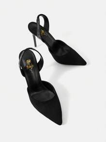 Tacón Alto Y Puntiagudo, Con Decoraciones De Pedrería, Sexy Y De Moda, Para Mujeres - Negro - Ver 1