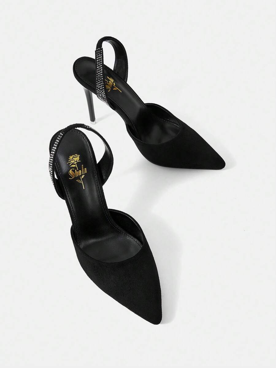 Tacón Alto Y Puntiagudo, Con Decoraciones De Pedrería, Sexy Y De Moda, Para Mujeres - Negro - Ver 1