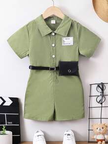 SHEIN Young Boy Patch Overalls Shorts - Green - View 1