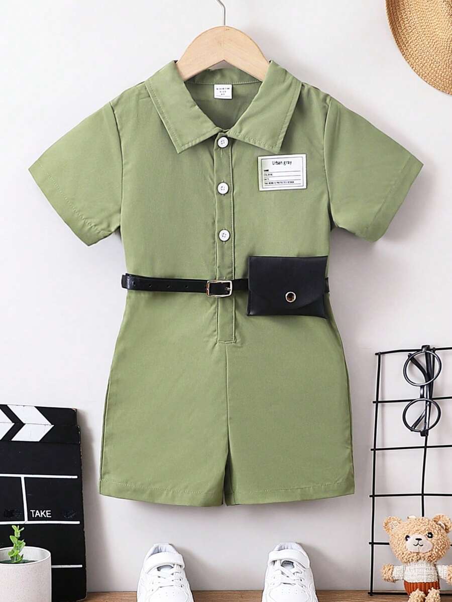 SHEIN Young Boy Patch Overalls Shorts - Green - View 1