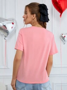 SHEIN Essnce 情人節粉色心形剪裁短袖t恤,春季綴有閃閃發光的水晶鑽 - 粉色 - 查看 2