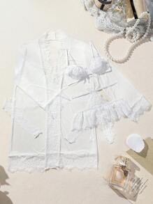 Spicy Aura Women's White Sheer Polyester Spaghetti Strap Sexy Lingerie Set With Lace Details - White - View 1