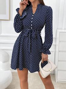 SHEIN Privé Polka Dot Ruffled Sleeve Belted Dress For Women
