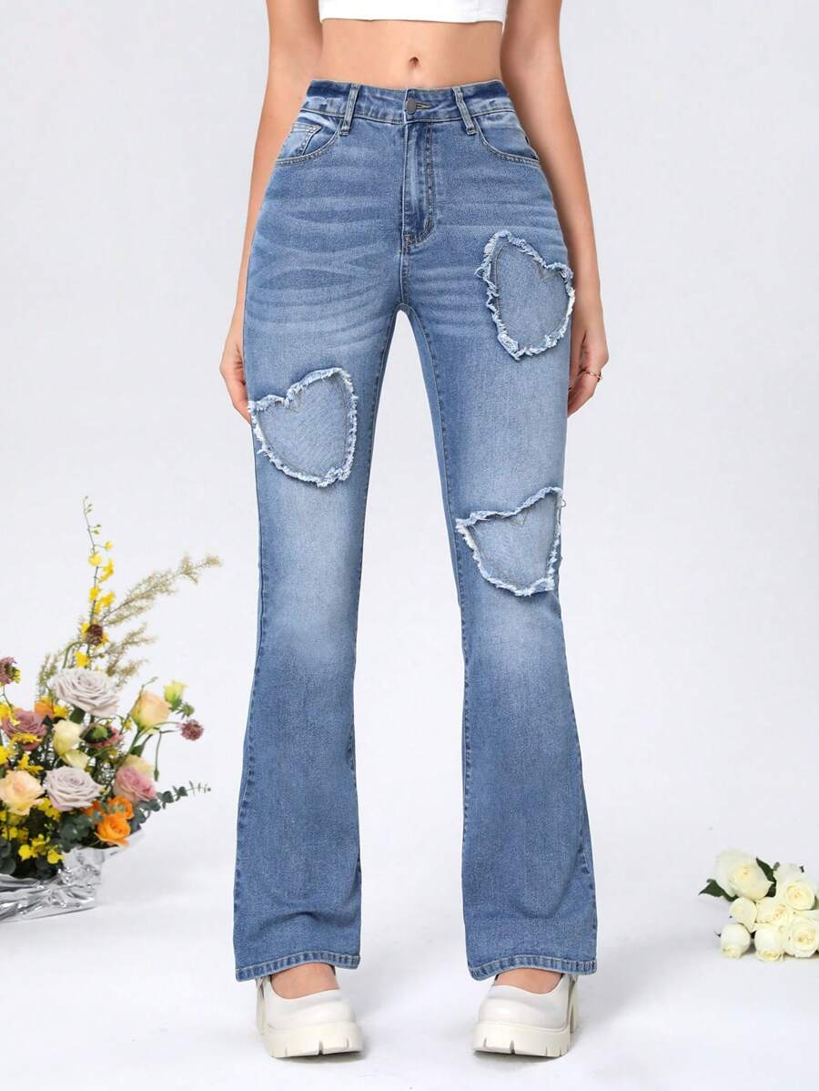 SHEIN MOD Women's Heart Design Frayed Flared Jeans - Light Wash - View 1