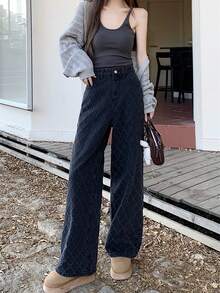 Pantalones Vaqueros Con Patrón Jacquard De Diamante - Negro - Ver 3