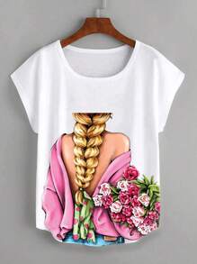 SHEIN LUNE Cartoon Flower & Woman Printed Round Neck Short Sleeve T-Shirt, Perfect For Romantic Valentine's Day - White - View 1