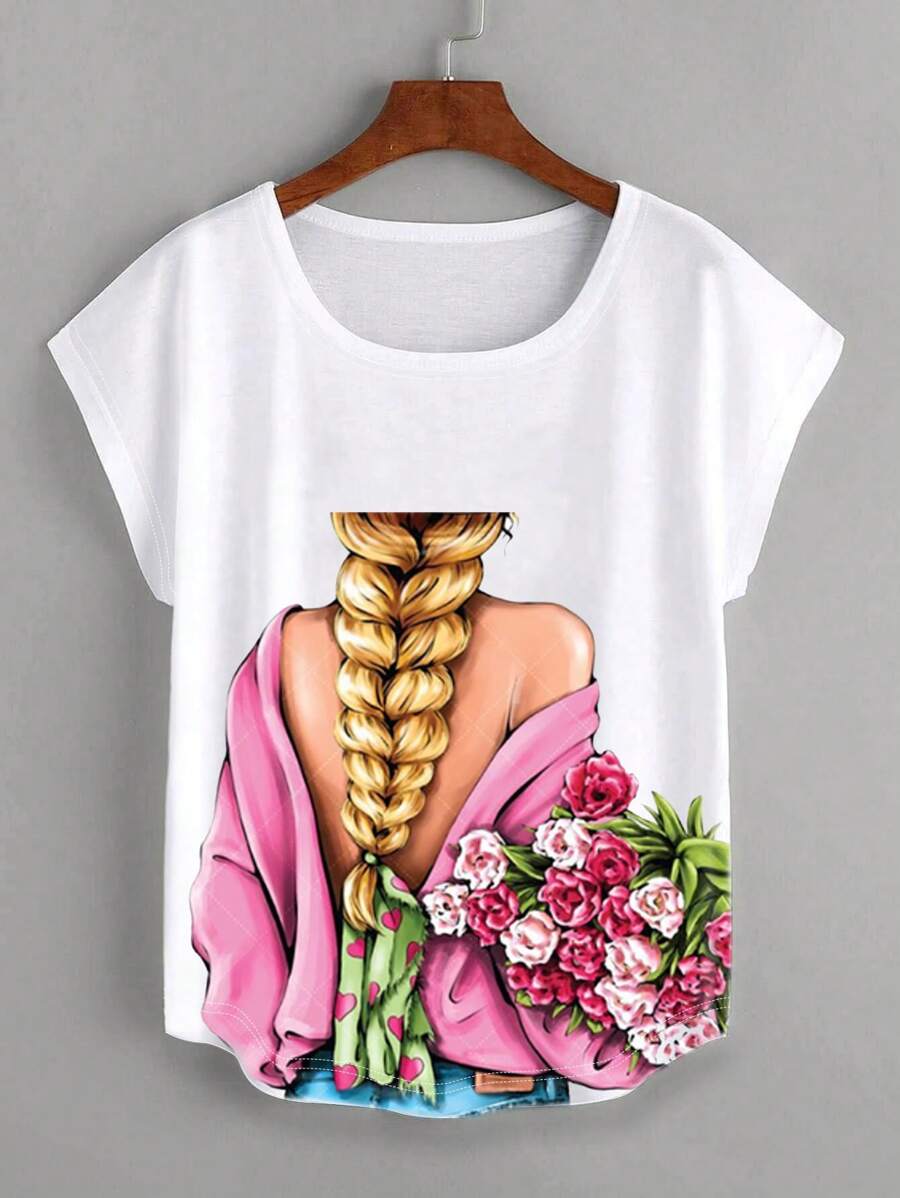 SHEIN LUNE Cartoon Flower & Woman Printed Round Neck Short Sleeve T-Shirt, Perfect For Romantic Valentine's Day - White - View 1