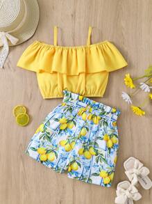 SHEIN Young Girl Ruffle Top With Ruffle Trim And Lemon Print Shorts Set
