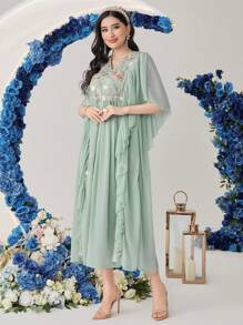 Al Najma Women's Turkish Style Long Shirt Kaftan With Beads, Embroidery And Ruffled Hemline - Mint Green - View 7