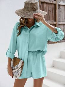 SHEIN Frenchy Camisa de lino de hombro caído y pantalón corto de lino - Conjunto de tela de lino, ropa de vuelta al colegio para otoño, ropa de mujer estilo "Viejo dinero", atuendos de maestra, ropa de negocios para mujer, camisas de maestra - verde menta - Ver 5