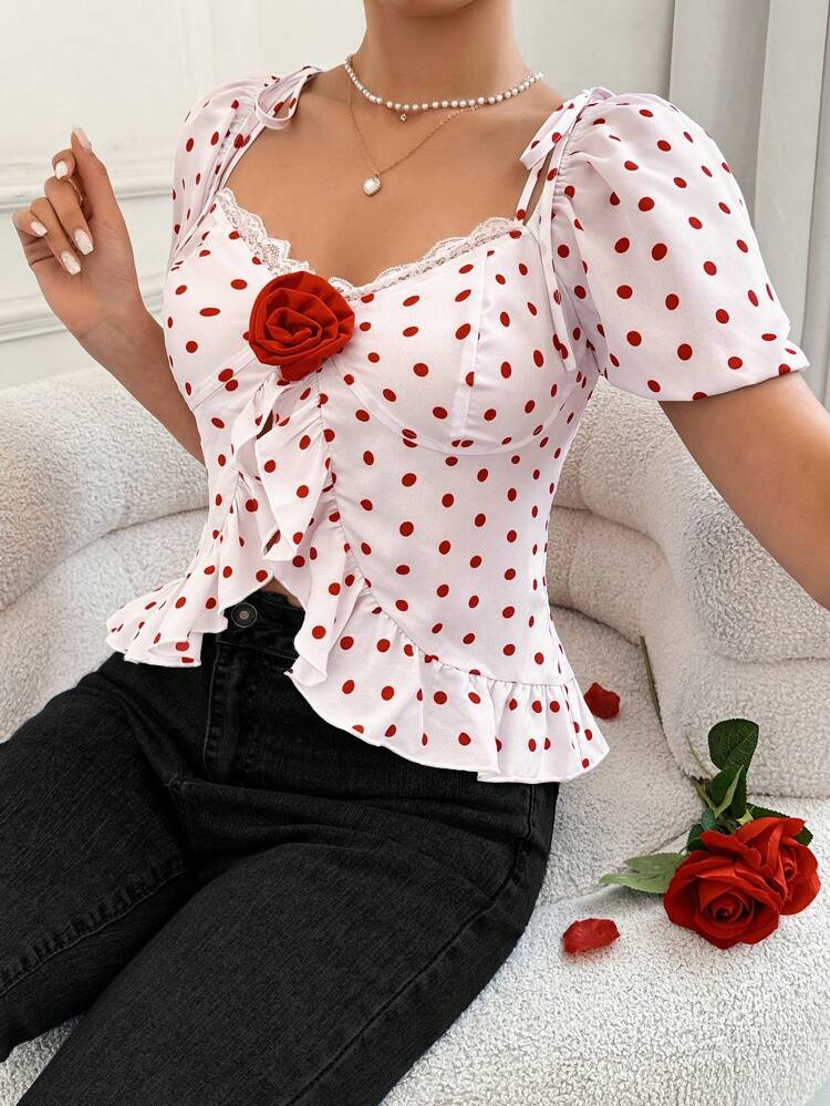 Women's Valentine's Day Polka Dot Mesh Sheer Puff Sleeve Top With 3d Flowers
