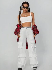SHEIN EZwear 女士纯色多口袋宽腿宽松休闲工装裤 - 灰色 - 查看 6