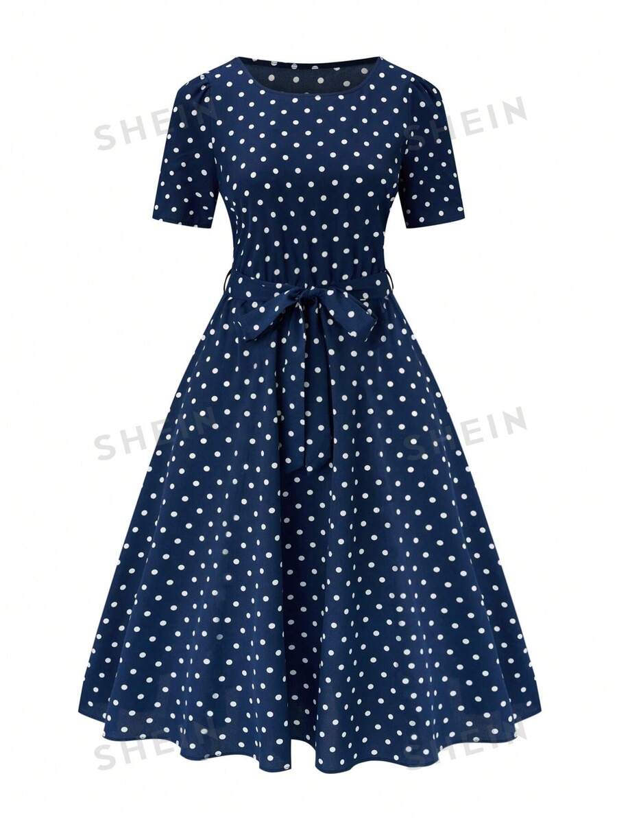 EMERY ROSE Damen Maxikleid mit Polka Punkt Muster, Damen Outfit - marineblau - Übersicht 1