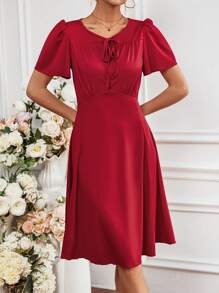 SHEIN Clasi Màu thuần Cà vạt Kẹp chặt Eo Đầm - Đỏ - Xem 5