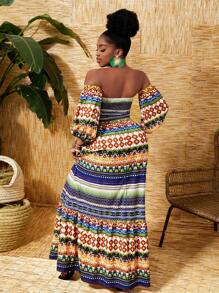 Slaydiva Đầm nữ trễ vai in họa tiết hình học, thích hợp cho kỳ nghỉ. - Nhiều màu - Xem 2